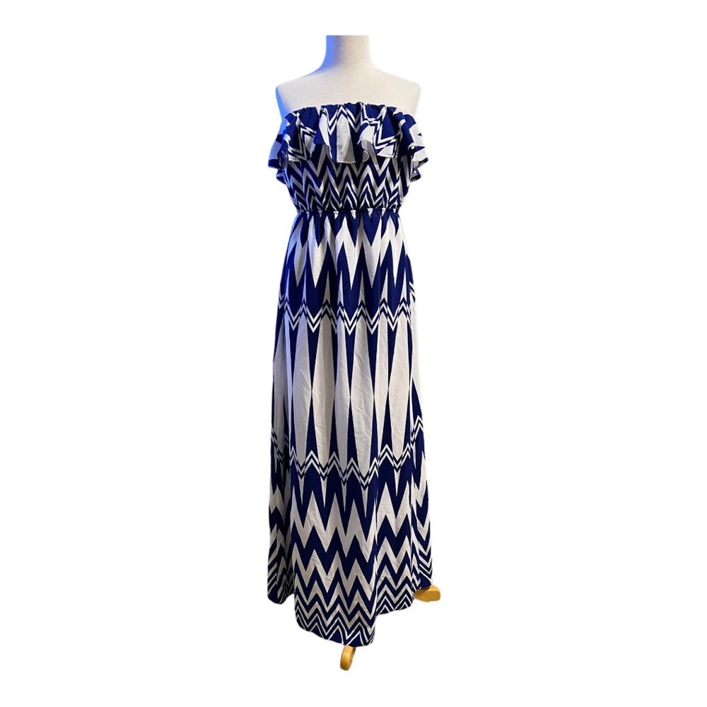 Blue and White Strapless Dress